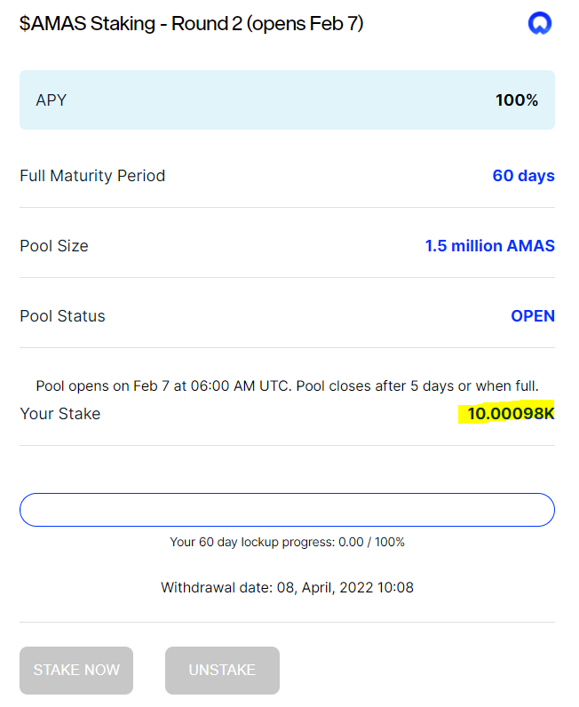 AMASA 코인(AMAS) 스테이킹 후 이자 받기(APY : 100%)