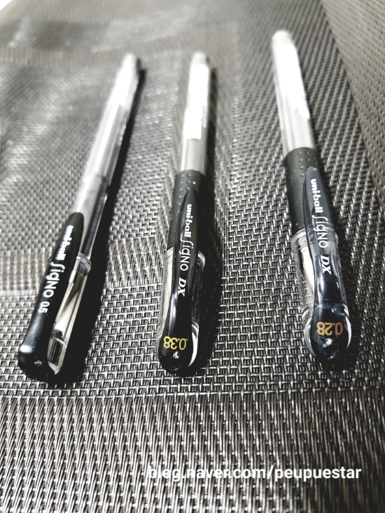  유니볼 시그노 0.28mm, 0.38mm, 0.5mm 비교