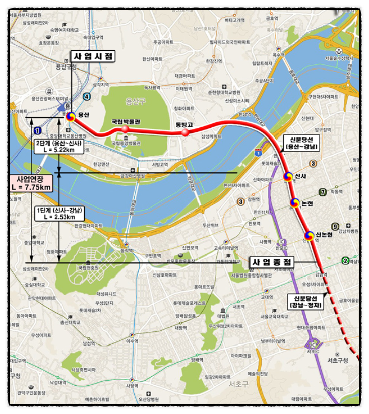 신분당선 서북부 연장 노선도 (용산 강남 실시계획변경 고시 5월 개통)
