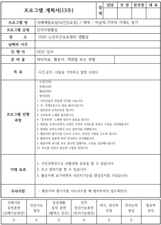 [무료]노인주간보호센터인지활동프로그램 무료나눔-제13편/노인인지활동/치매예방/뇌건강교실/프로그램계획서/진행방법영상/피티자료 ...
