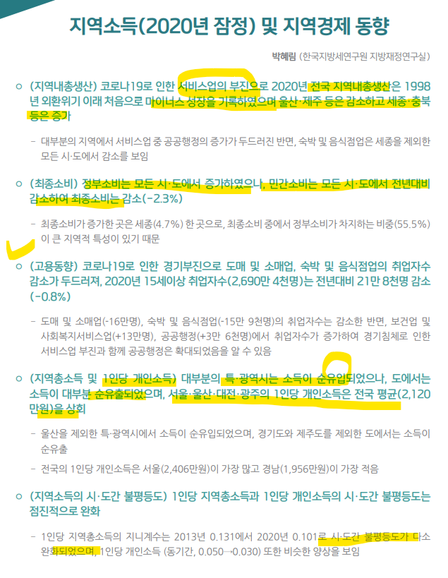  20년 잠점 지역 소득 및 지역 경제 동향(feat. 한국지방세연구원)