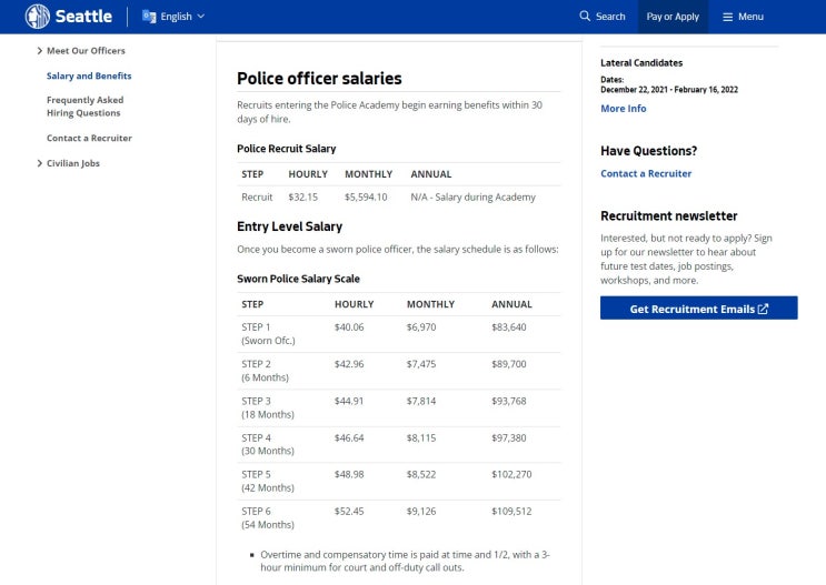  미국 워싱턴주 시애틀 경찰 공무원 시급 월급 연봉 US Washington Seattle Sworn Police Salaries