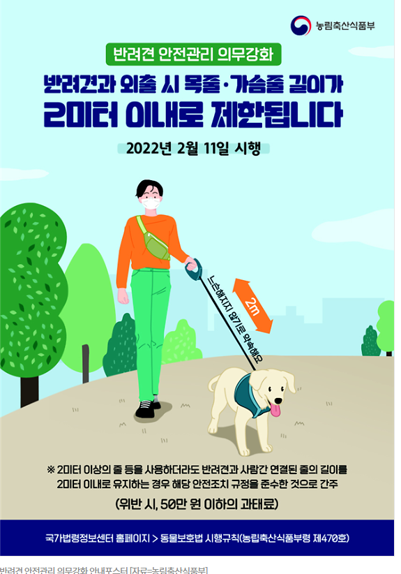 반련견 외출시 목줄 2미터 이내, 과태료 50만원 반련견 외출시 목줄 2미터 이내, 과태료 50만원