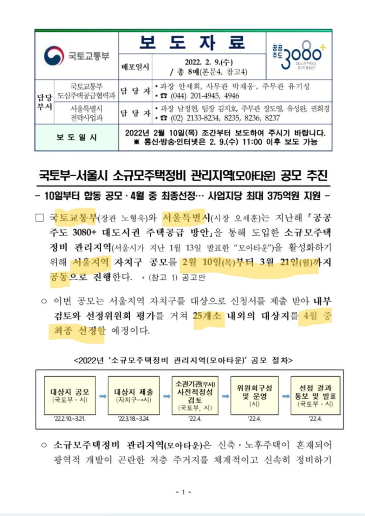  서울시 소규모주택정비(모아타운) 관리지역 공모 추진_2022.2.10
