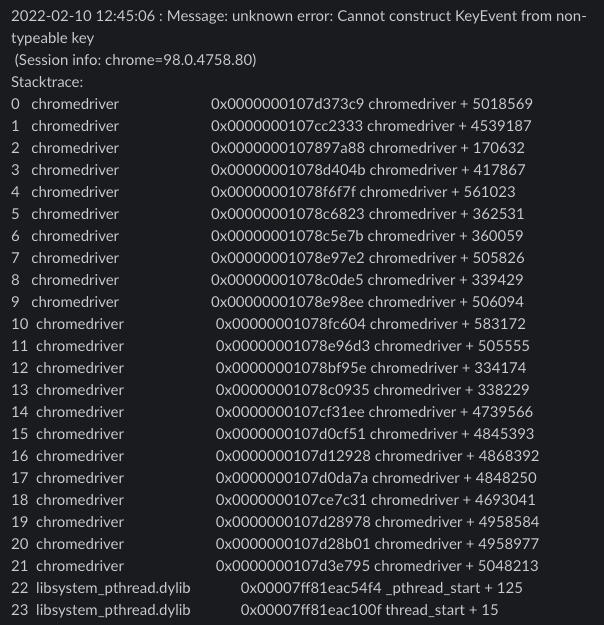  [해결법] Selenium -  unknown error: Cannot construct KeyEvent from non-typeable key