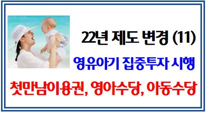 2022년 영유아기 집중투자 시행 : 첫만남이용권, 영아수당, 아동수당, 국민행복카드, 가정양육수당