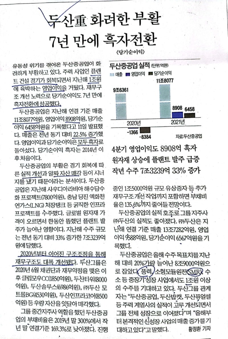 대통령의 친원전 발언과 원전관련 대장주 두산중공업의 실적과 주가흐름 : 네이버 블로그