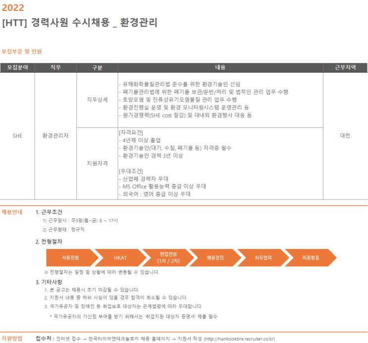  한국타이어앤테크놀로지 경력사원 수시채용_SHE환경관리