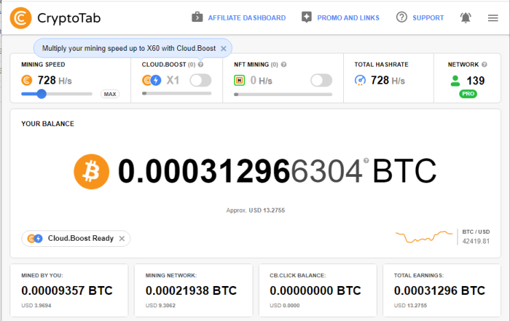 CryptoTab 크립토탭 브라우저를 통한 비트코인 채굴 현황 및 채굴 네트워크 139명 (2022.02.15) CryptoTab 크립토탭 브라우저를 통한 비트코인 채굴 현황 및 채굴 네트워크 139명 (2022.02.15)