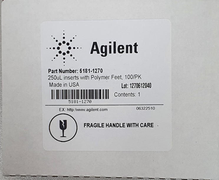 Agilent, Vial insert, 250 µL, glass with polymer feet, 100/pk Insert size: 5.6 x 30 mm