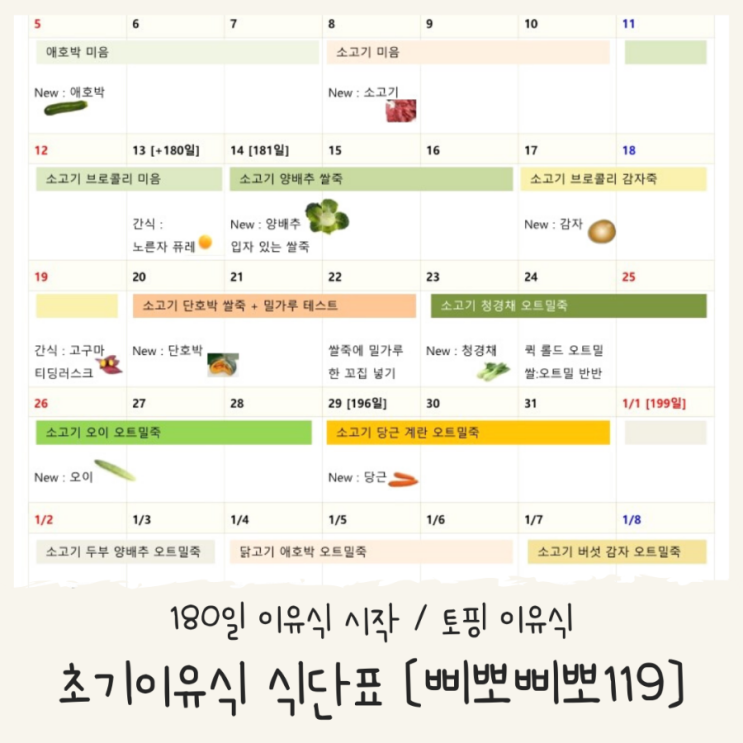  180일 초기 이유식 식단표 토핑 이유식 식단표 정리 [삐뽀삐뽀119이유식 식단표 공유해요]