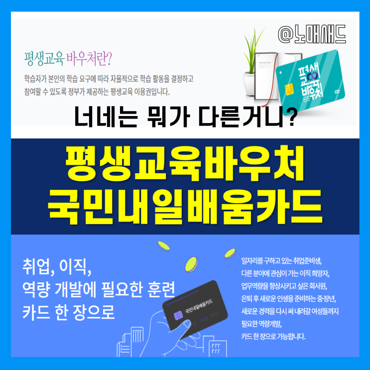 정부지원사업 평생교육바우처 vs 국민내일배움카드 자격, 신청방법, 훈련장려금 비교 정리 정부지원사업 평생교육바우처 vs 국민내일배움카드 자격, 신청방법, 훈련장려금 비교 정리