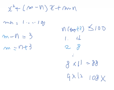  100개의 다항식 x^2+3x-1, x^2+3x-2, x^2+3x-3...(x+m)(x-n)으로 인수분해되는 다항식의 개수를 구하시오