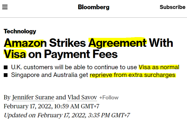  VISA : 아마존과 결제 수수료 분쟁 해결