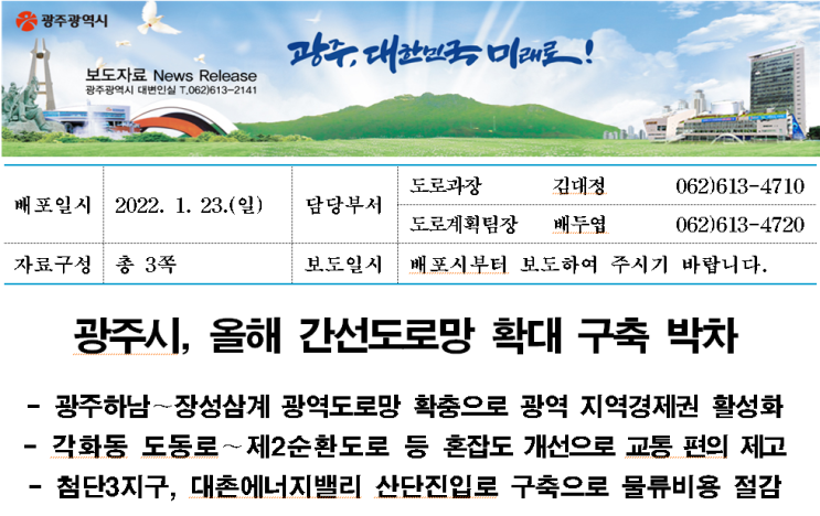  광주 간선도로망/광주하남~장성삼계/상무지구~첨단산단/월전동~무진로/북부순환도로/용두~담양/각화동 도동로～제2순환도로/산단진입도로