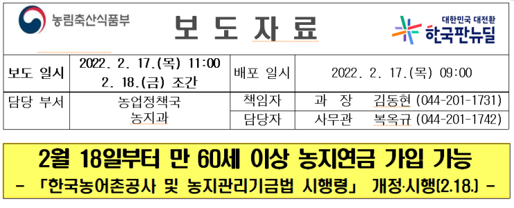 2월 18일부터 만 60세 이상 농지연금 가입 가능