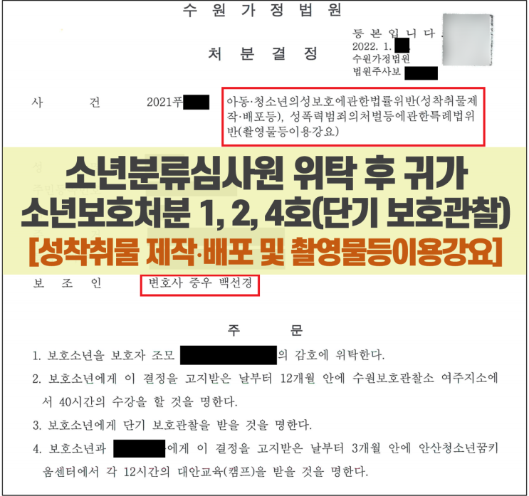  소년분류심사원에 입소 후 부모님 곁으로_단기 보호관찰 처분(1, 2, 4호) 사례(ft. 성착취물 제작 배포 등 소년재판)