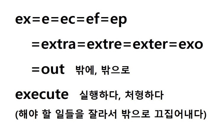  접두사 ex = out 밖에, 밖으로 (execute 해야 할 일들을 잘라서 밖으로 끄집어내다 = 실행하다)