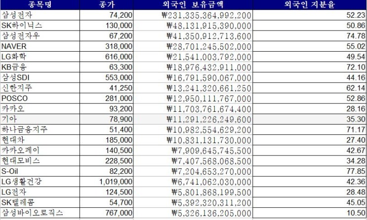  외국인이 가장 많이 갖고 있는 한국 주식은? (외인 보유 Top20 국내주식)