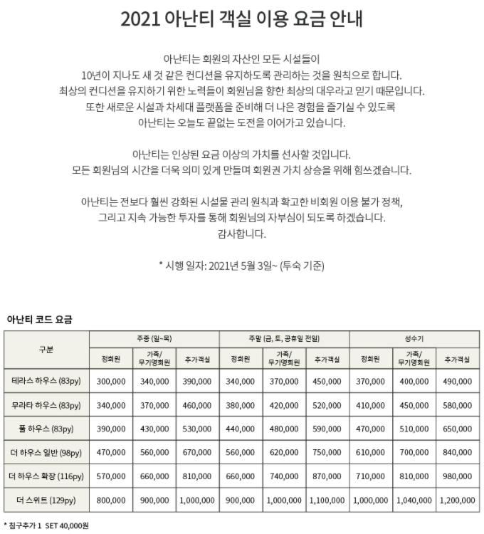  아난티 객실 이용 요금(Ver.2021.5.3~)