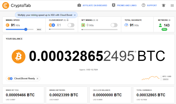 크립토탭 CryptoTab 브라우저를 통한 비트코인 채굴 현황 및 채굴 네트워크 143명 (2022.02.21)