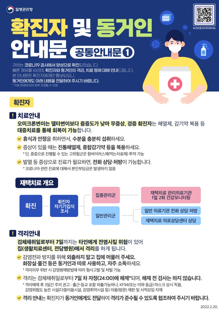  코로나 확진자 및 동거인 안내문 (보건복지부 자료)
