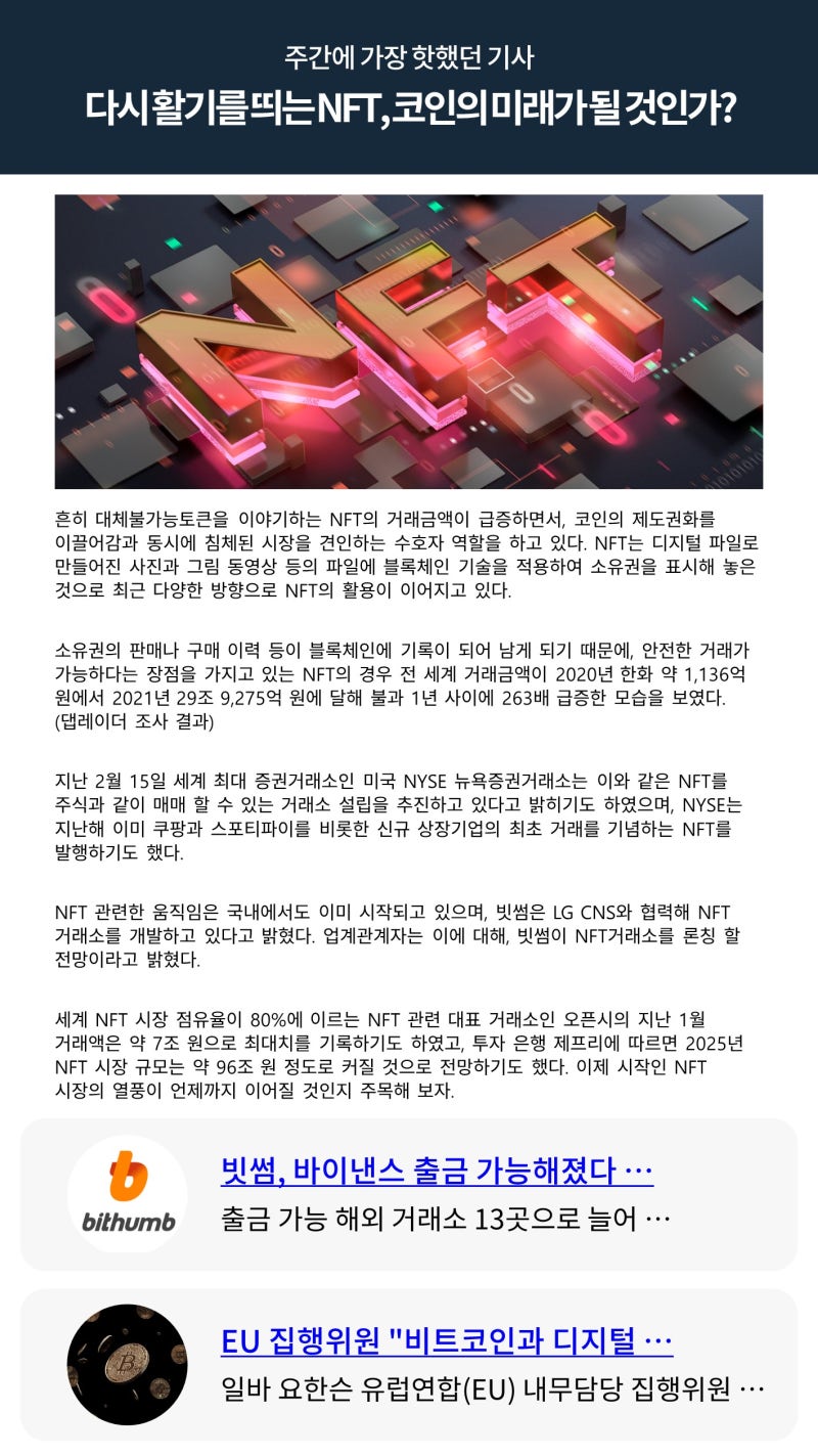 빗썸 위클리리포트] 다시 활기를 띠는 NFT, 코인의 미래가 될 것인가? : 네이버 블로그