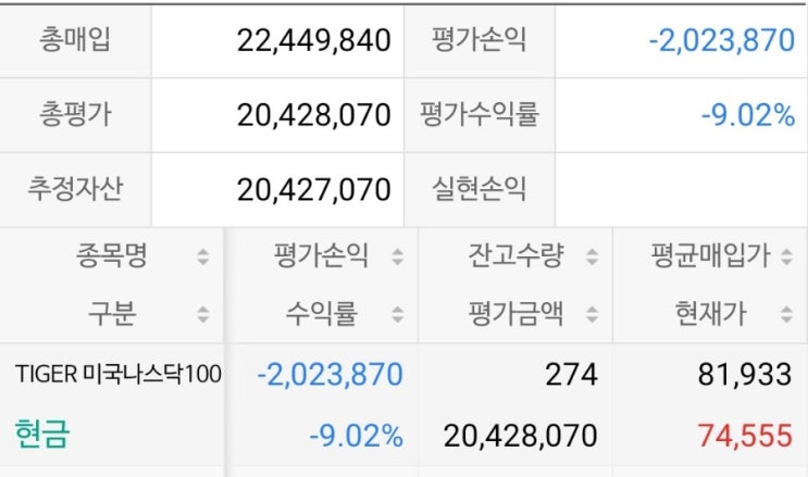  Tiger 미국 나스닥 100 현재투자상황.