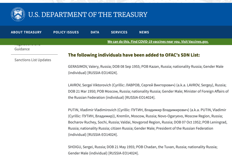 Putin has been added to OFAC's SDN List
