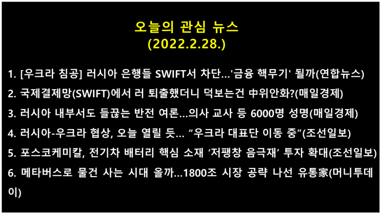  오늘의 관심 뉴스(2022.2.28.) 러시아 은행 SWIFT 접근 제한 결정...러시아 경제제재 압박강도↑ → 현실화 시 세계 금융혼란 불가피, 러시아-우크라이나 대화에 기대