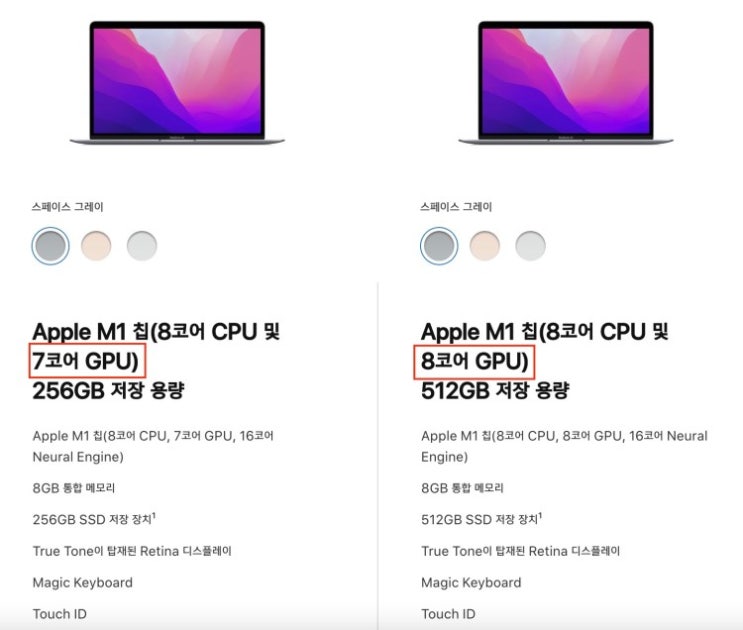  Apple M1 맥북에어의 기본형과 고급형의 차이