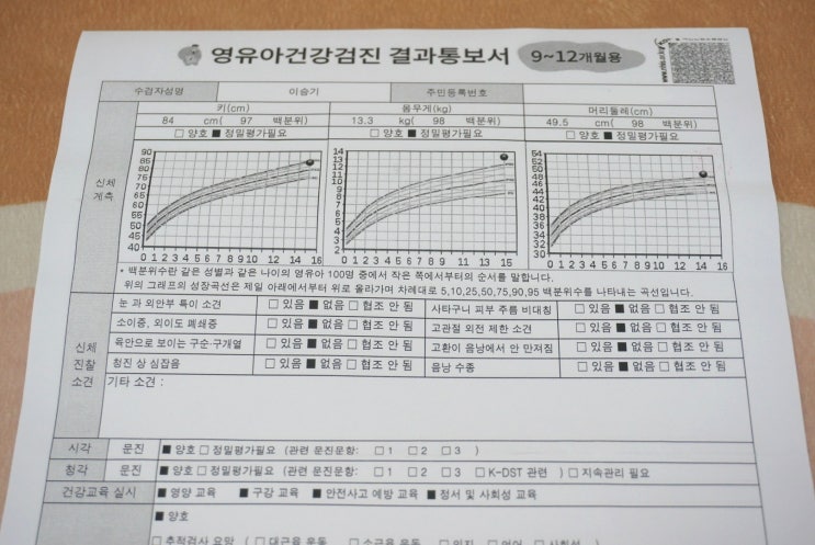  3차 영유아 건강검진 결과표, 키 97 몸무게 98 백분위