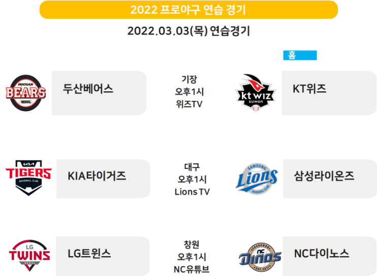 프로야구 3월3일 <b>연습</b>경기 일정 (두산VSKT, KIAVS<b>삼성</b>... 