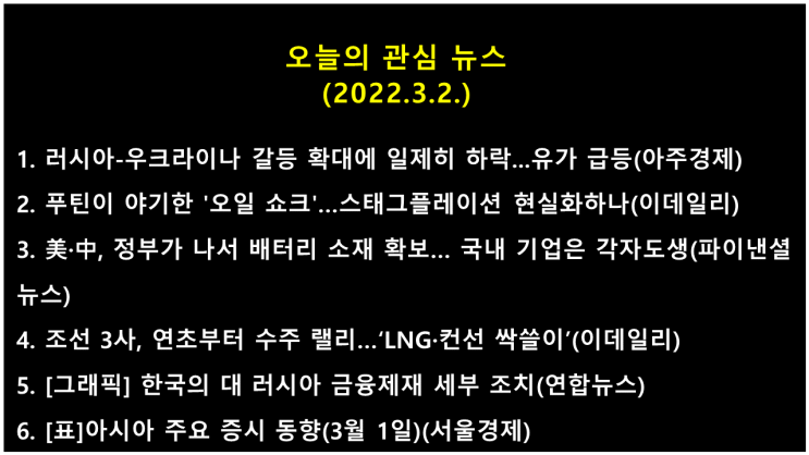  오늘의 관심 뉴스(2022.3.2.) 러시아, 우크라이나 대대적 공격 → 미 뉴욕증시 하락(다우 지수 1.76%↓, 나스닥 지수 1.59%↓)