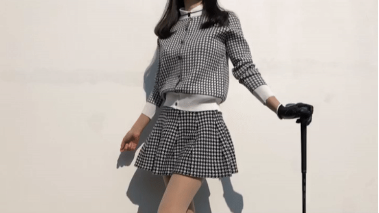 로로얼로이 봄 가을 여성 하운드체크 세트 니트가디건 플레어 스커트 골프웨어 라운딩 필드....