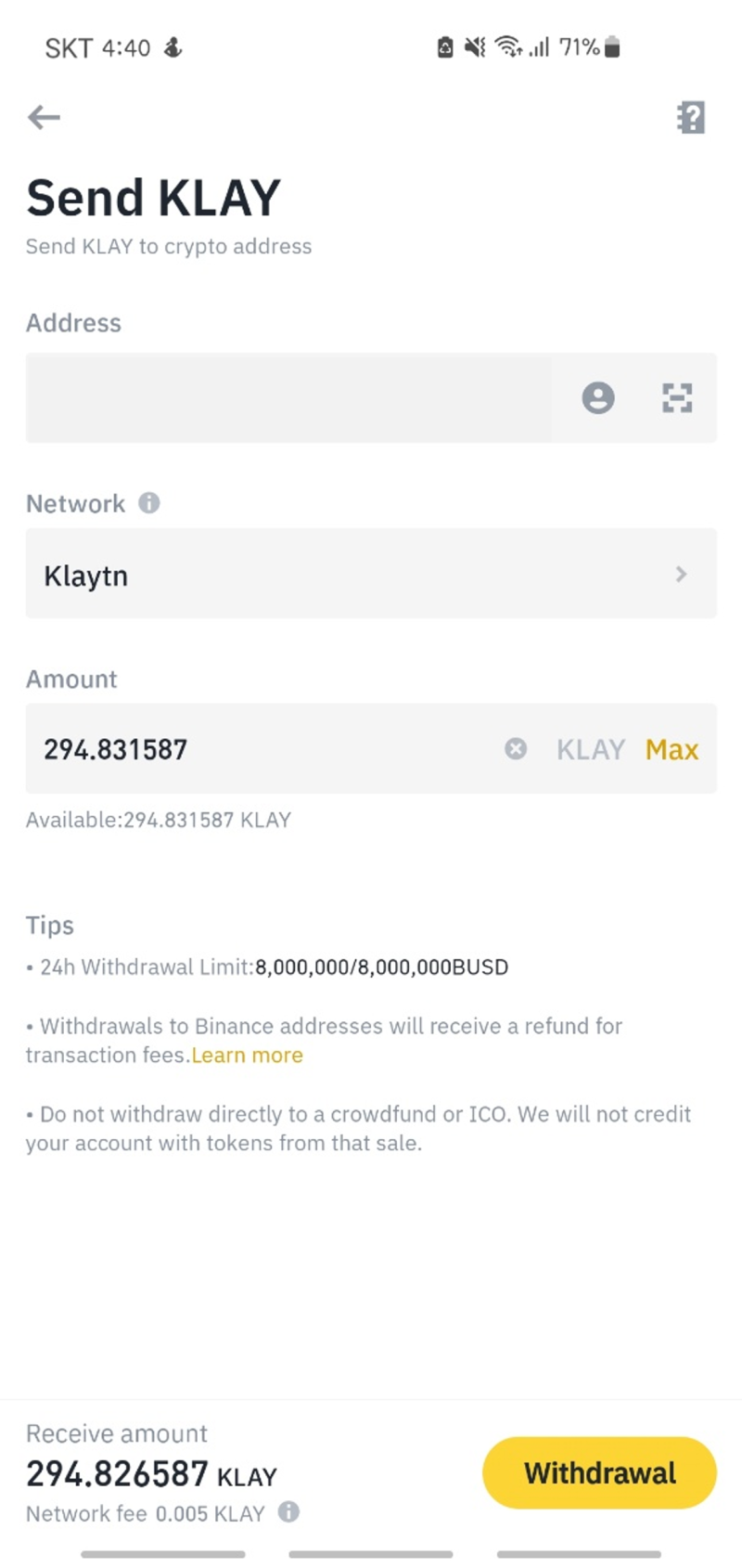 binance withdraw klay