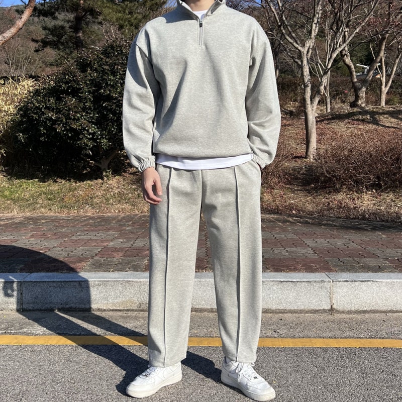 남자 오버핏 반집업맨투맨 츄리닝 세트 회색 트레이닝셋업 스웨트 스웻셋업 꾸안꾸 운동복 ....