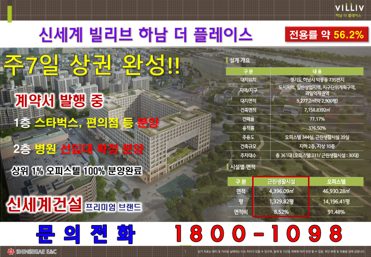  빌리브 하남 더 플레이스 상가 분양 (스타벅스, 편의점 병원 임대 완료)