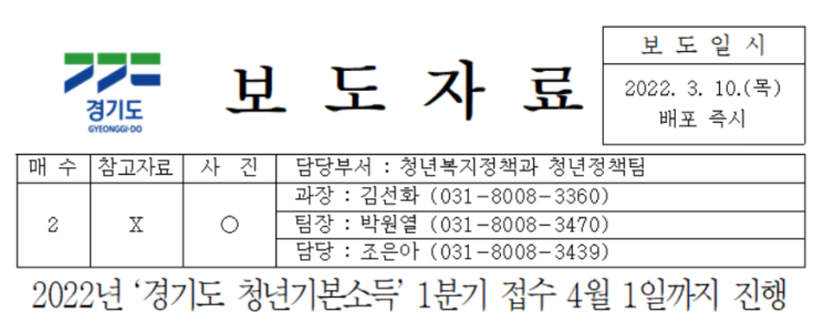  2022년 경기도 청년기본소득 1분기 접수
