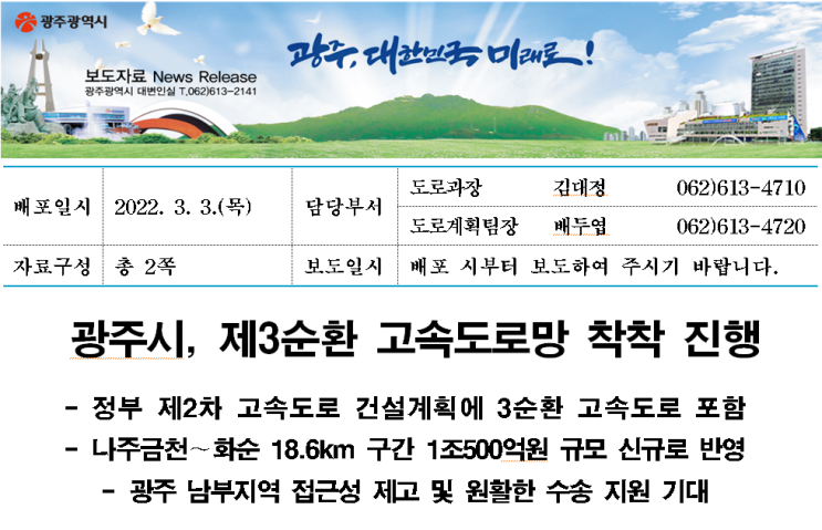  광주광역시, 제2차 고속도로 건설계획에 제3순환 고속도로 구간이 신규 반영