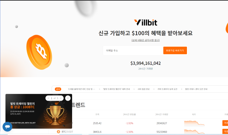  빌빗 해외코인선물, 총상금 100BTC 챌린지