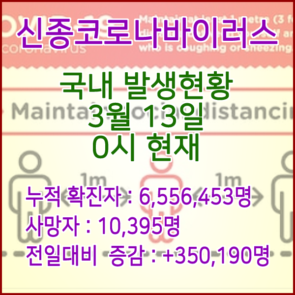  코로나19(코로나바이러스) 3월 13일 0시 신규확진자 350,190명 / 사망자 10,395명