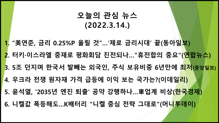  오늘의 관심 뉴스(2022.3.14.) 금주 연방준비제도(Fed) 금리인상(0.25%p) 전망(예상부합), 러시아 디폴트(채무불이행) 선언 가능성(갚을 능력 충분, 정치적 선택)