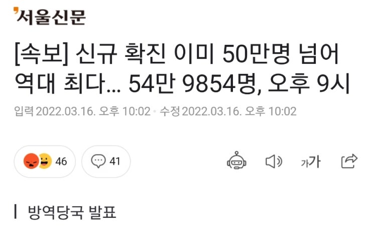 [속보] 신규 확진 이미 50만명 넘어 역대 최다… 54만 9854명, 오후 9시