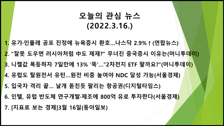  오늘의 관심 뉴스(2022.3.16.) 우크라이나 협상진척, 유가 급락, 인플레 우려 완화 → 미 뉴욕증시 상승(다우 지수 1.82%↑, 나스닥 지수 2.92%↑)