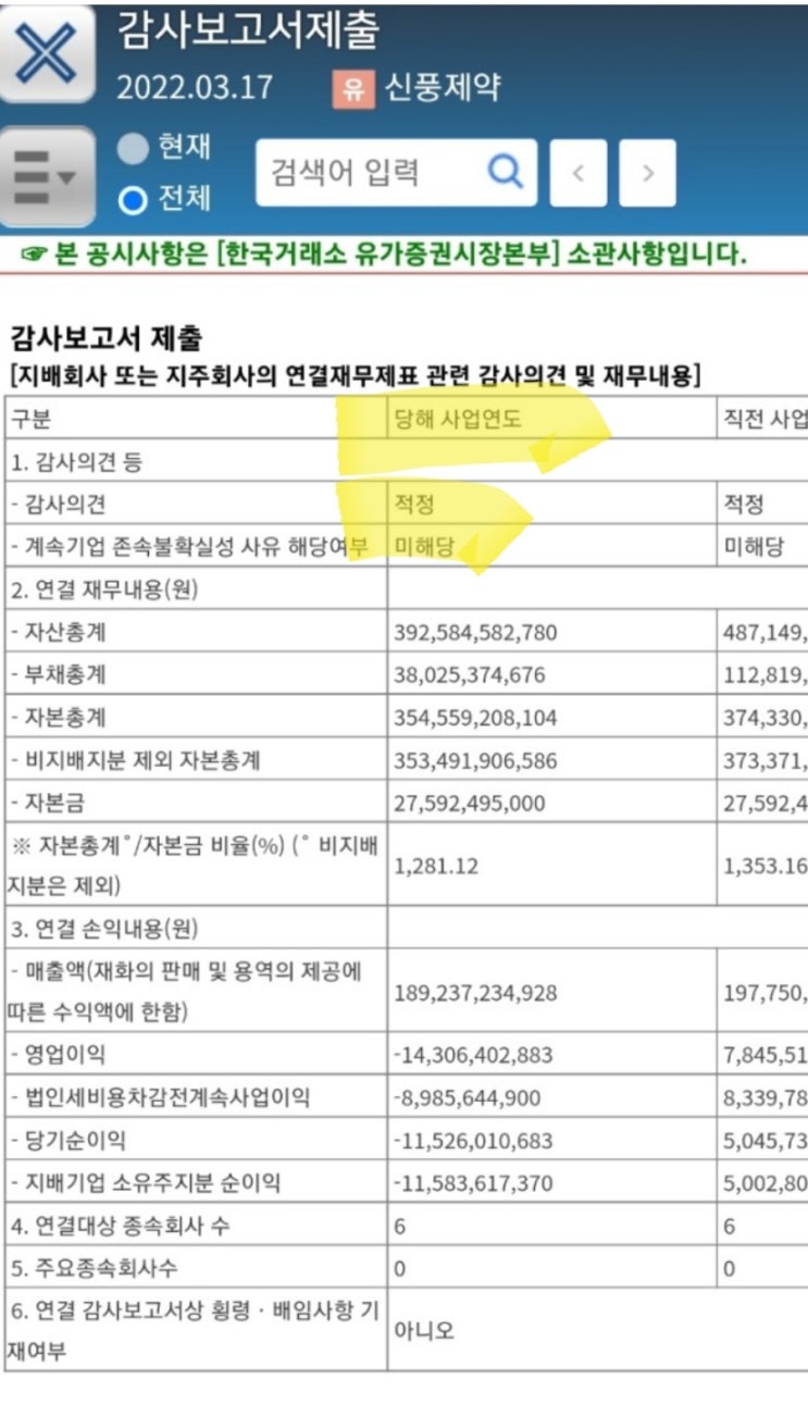 신풍제약 2021년 감사보고서제출, 적정! 사업보고서 압수수색 관련 부분 발췌 