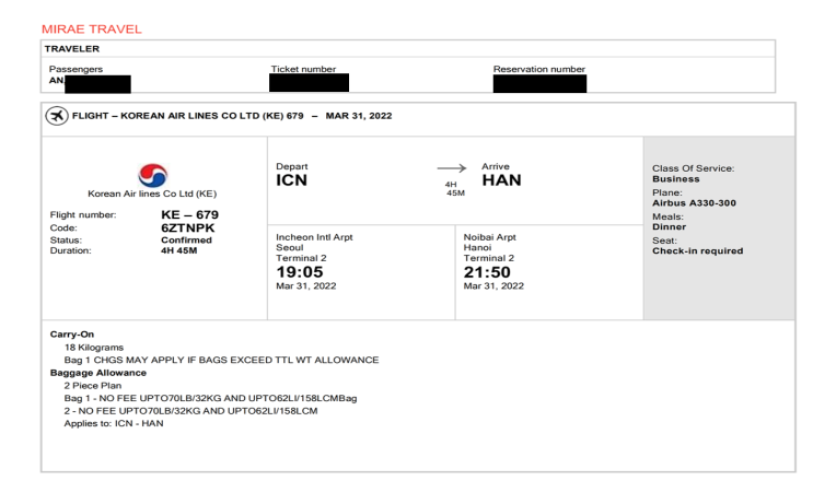2022년 3월 31일 베트남 입국 - 하노이 개별입국 대한항공 e티켓 발권