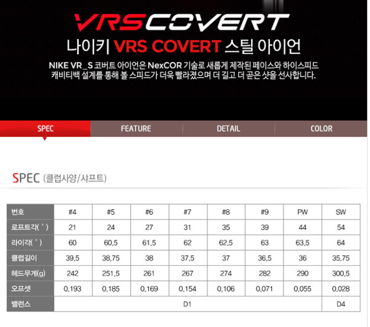  나이키 VR-S COVERT 스틸 아이언 스펙