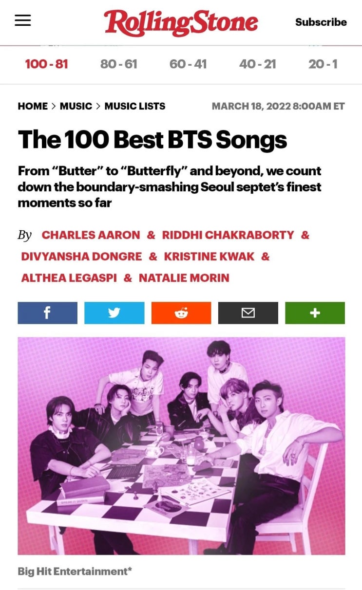 미국 롤링스톤지가 선정, 발표한 방탄소년단(BTS) 곡 BEST TOP100