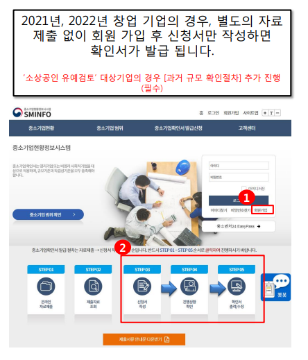 2022년 중소기업확인서_자료제출, 신청서 작성 화면 캡쳐 매뉴얼